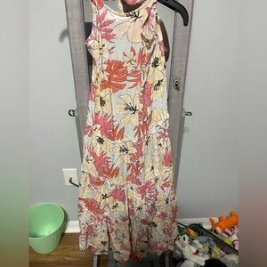 Billabong Floral Tiered Maxi Dress with Pink and Yellow Hibiscus Flowers